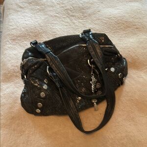 B. Makowsky Black Shoulder Bag with Silver Hardware